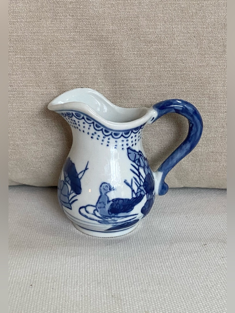 Vtg Blue White Canton Style Chinoiserie Small Pitcher Creamer Duck Design 4"